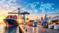 Global industrial supply chain with cargo ship, shipping containers and logistics operations