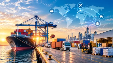Global industrial supply chain with cargo ship, shipping containers and logistics operations